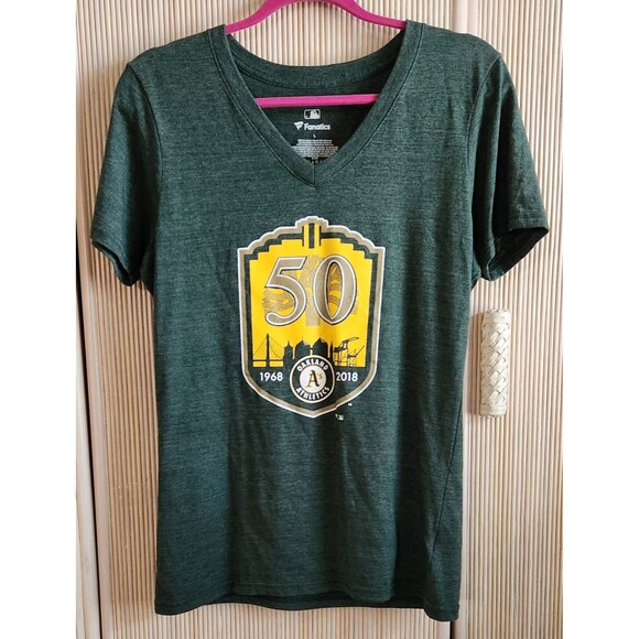 OAKLAND A's Athletics Women's Size L 50th Anniversary Fanatics V-Neck T Shirt - Picture 1 of 4